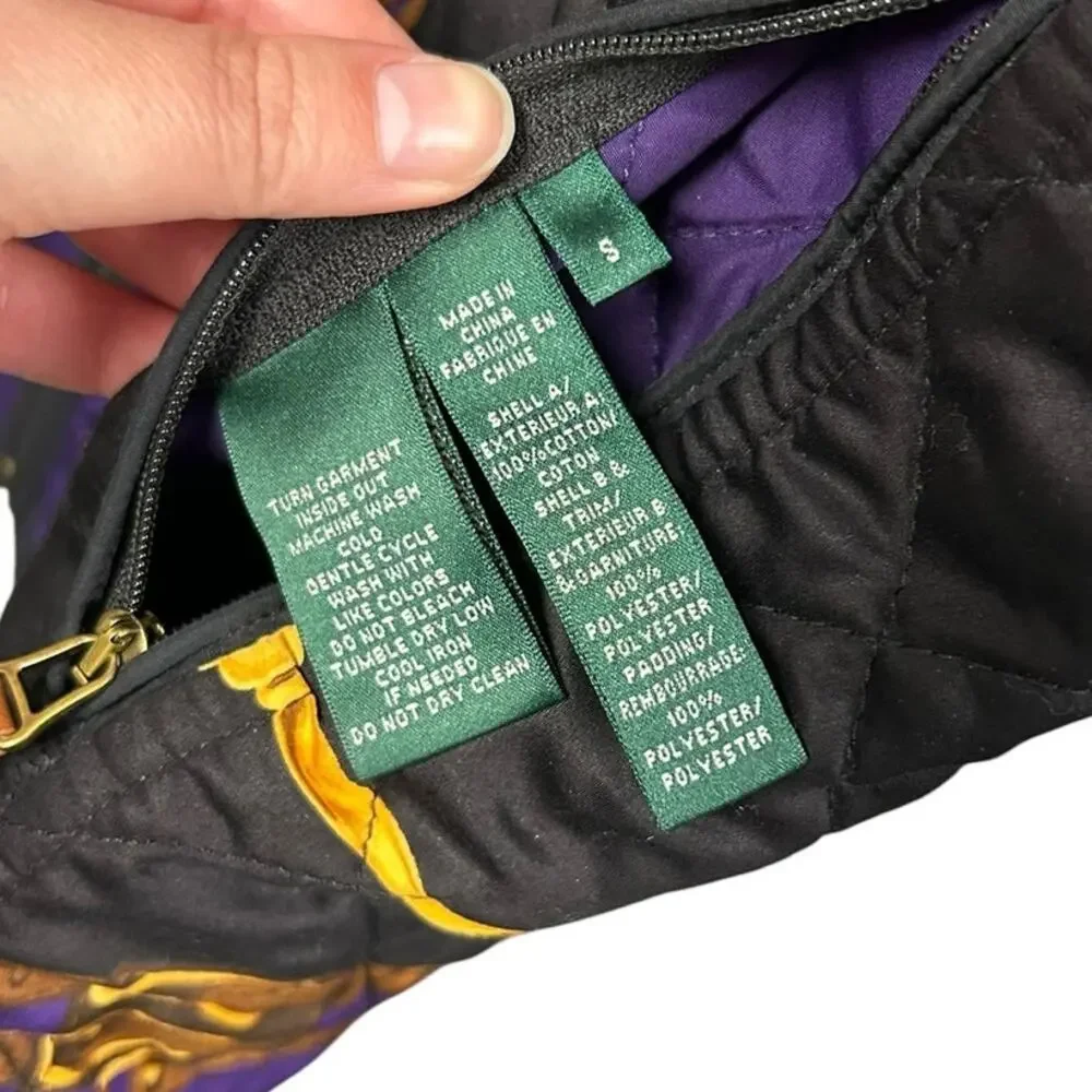 Lauren Ralph Lauren Black Purple Equine Reversible Quilted Zip Up Vest Small